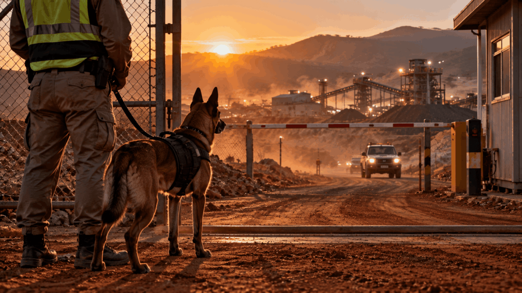 Belgian Malinois guard dog at Tanzania gold mine perimeter — K9 mining security East Africa documentary
