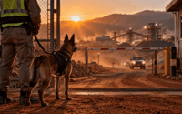 Belgian Malinois guard dog at Tanzania gold mine perimeter — K9 mining security East Africa documentary